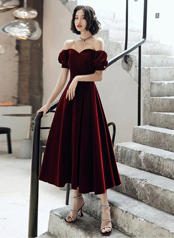 Wine Red Velvet Tea Length Off Shoulder Party Dress, Wine Red Bridesmaid Dress Feminine Soft - Hued Look