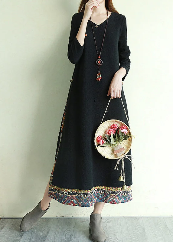 Black Print Fake two Long Dress side open Long Sleeve Fashion-Forward Style