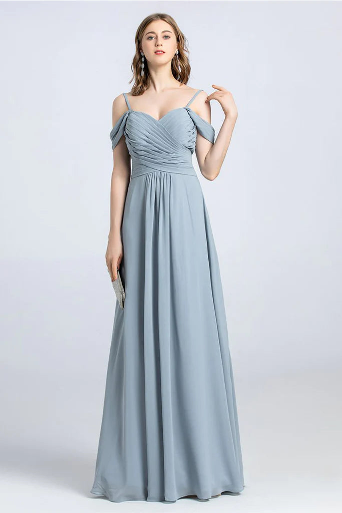 Addyson A-Line/Princess Spaghetti Straps Off The Shoulder Natural Waist Chiffon Sleeveless Floor Length Bridesmaid Dresses Romantic Detailing