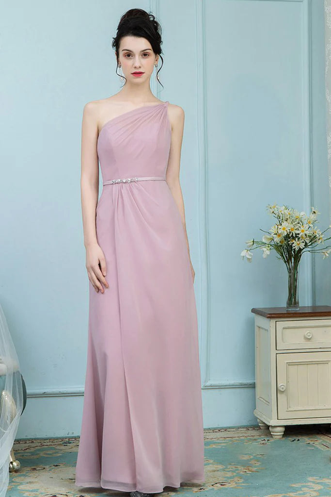 Brenna Floor Length One Shoulder Natural Waist Sheath/Column Chiffon Sleeveless Bridesmaid Dresses Fashion-Forward