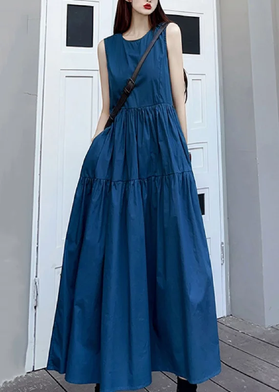 Simple Navy O Neck Wrinkled Pockets Patchwork Cotton Long Dresses Sleeveless Score Big On Glamorous Red - Carpet Styles