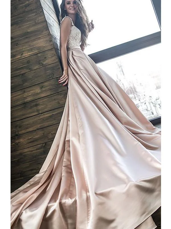 Lace Top Long Off Shoulder A-line Satin Wedding Dresses Nordic Minimalist Home Look