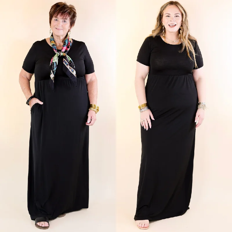 Just Landed Short Sleeve Babydoll Maxi Dress in Black Mother'S Day Special