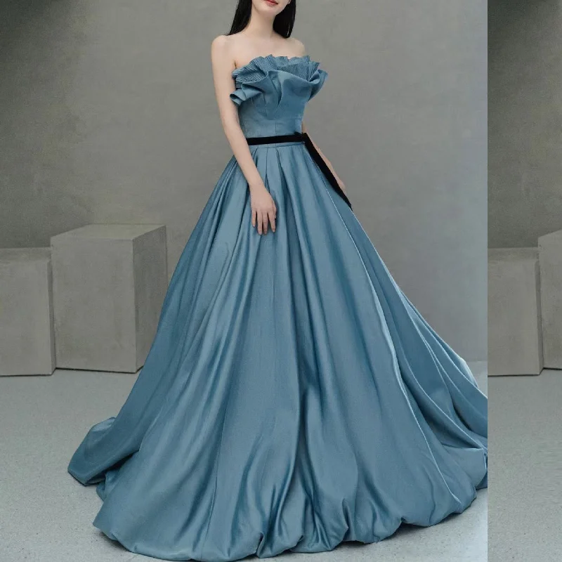 Strapless Ruched Top Steel Blue Formal Party Dresses for Women Grab Romantic Date - Night Styles Now