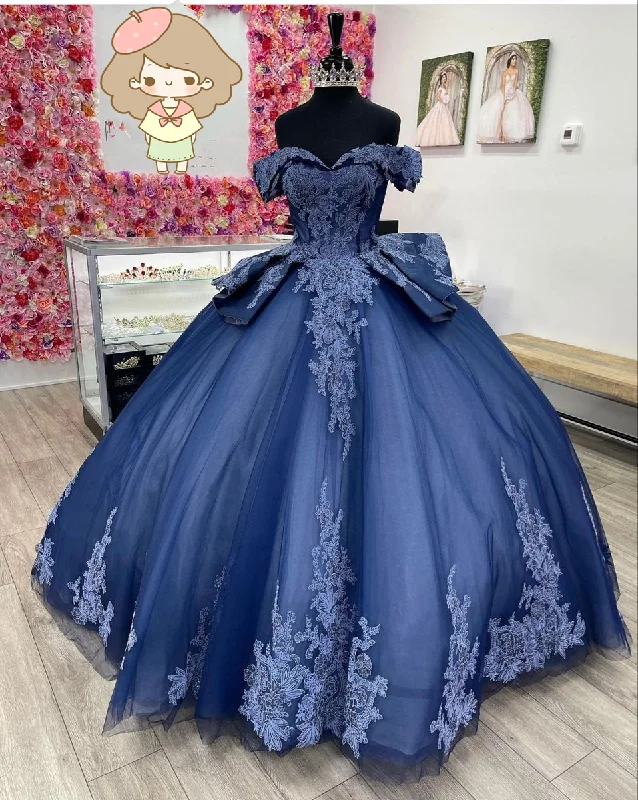 Navy Off The Shoulder Tulle Lace Quinceanera Dress,Navy Blue Ball Gown Sweet 15 Dress  Y2985 Weekend Special