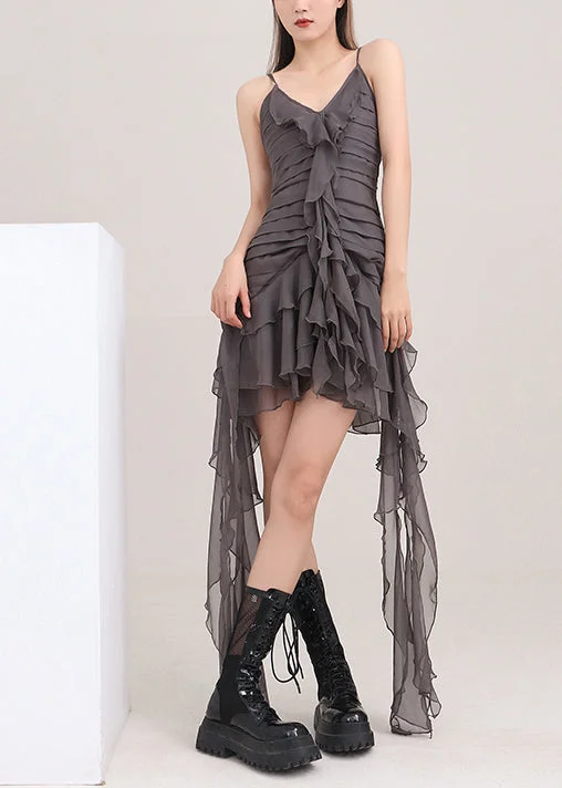 diy Grey V Neck asymmetrical design Chiffon Sundress Sleeveless Cottagecore Rustic Charm Style