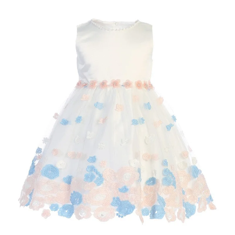 Little Girls Ivory Blue Satin Tulle Flower Girl Dress 2-4T Limited Time Deal