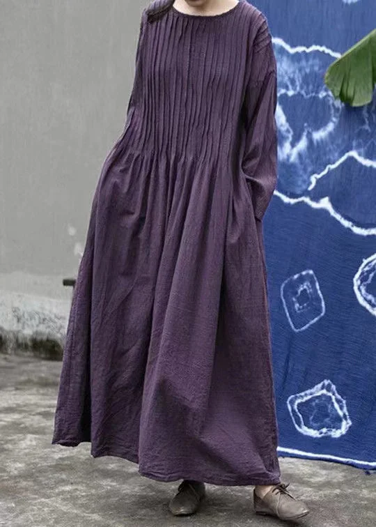 Loose Purple O Neck Wrinkled Linen Long Dress Long Sleeve Celebrate With Big Savings