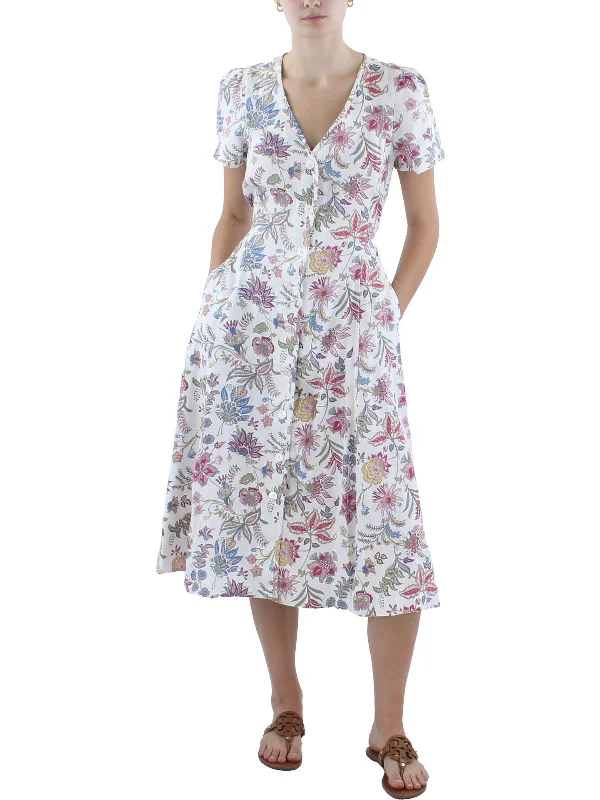 Womens Linen Floral Print Midi Dress Dreamy Draping