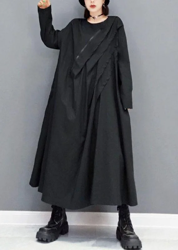 Elegant Black O-Neck Pockets Robe Dresses Fall Long Sleeve Casual Weekend Relaxed Style