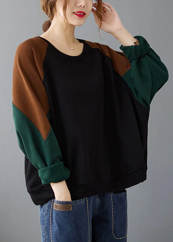 Black Patchwork Cozy Pullover Long Sleeve Minimalist Office - Ready Style