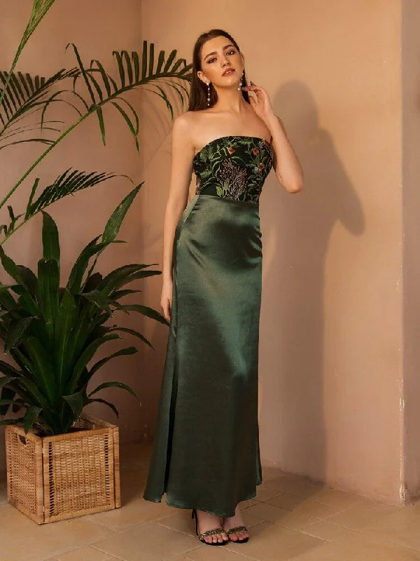 Embroidery Strapless Lace Up Satin Mermaid Prom Dresses Long Dark Green 548 Winter Warm - Up Sale