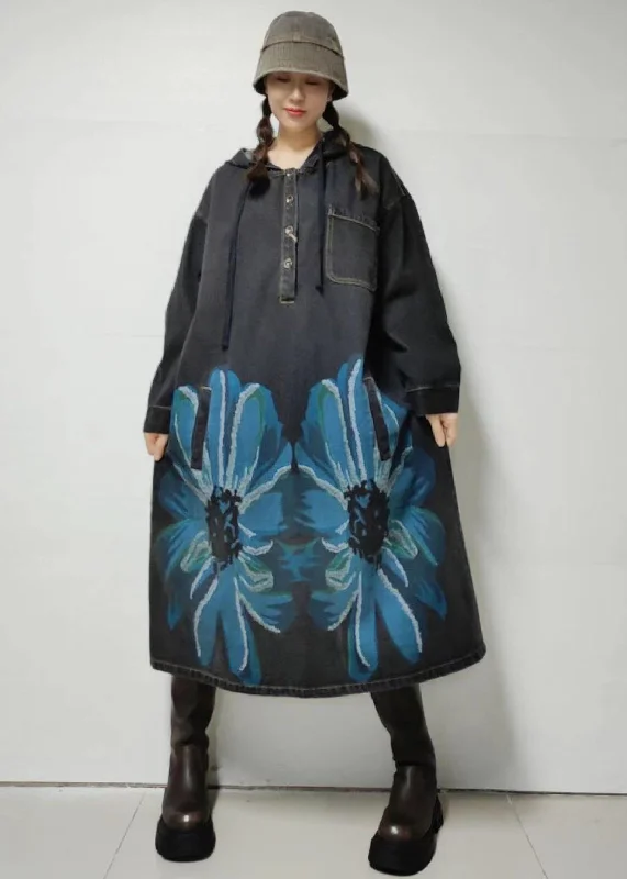 Loose Blue Hooded Print Denim Dress Long Sleeve Update With Cottagecore Styles