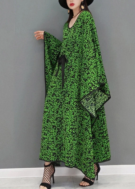 Plus Size Green O-Neck Print Batwing Dresses Long Sleeve Feminine Grace