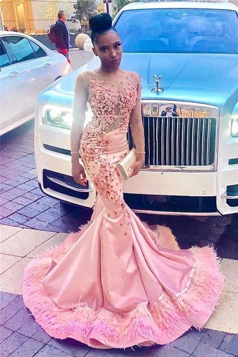 Black Girl Prom Dress Sheer Tulle Pink Mermaid Prom Dresses with Feather | Crystals Appliques Sexy Evening Gowns with Sleeves   cg14652 Classic Timeless Elegant Style