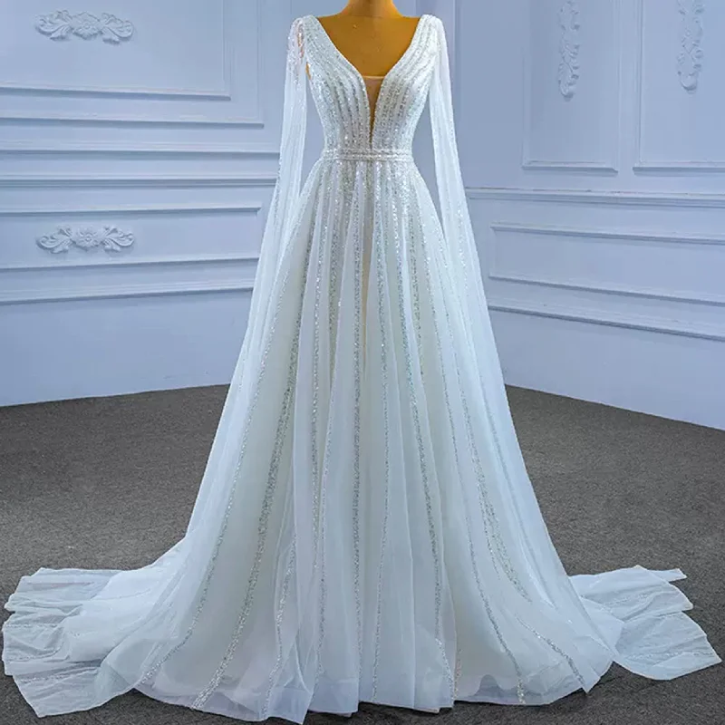 Beaded Cape Sleeve Wedding Dress V-neck Bridal Gown with Vneck Chic Style