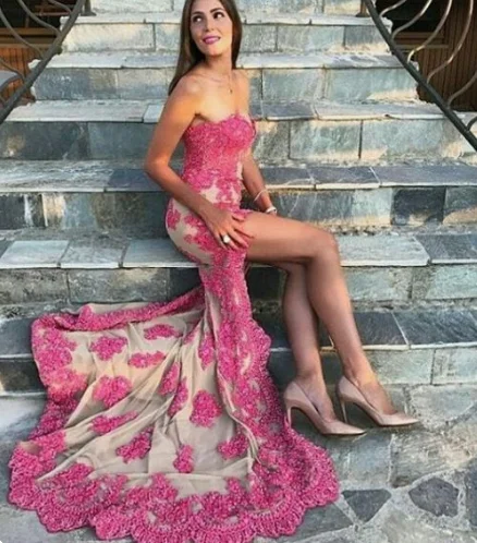 Gorgeous Strapless High Low Lace Prom Dress Ivory Formal Evening Gown Elegant Prom Gown Pink Lace Prom Dress  cg4465 Feminine Soft - Hued Look