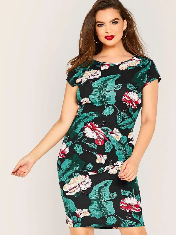 Plus Tropical Floral Print Bodycon Dress Holiday Sale