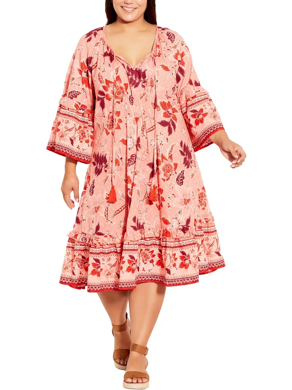 Womens Tie Neck Floral Print Midi Dress Alluring Design