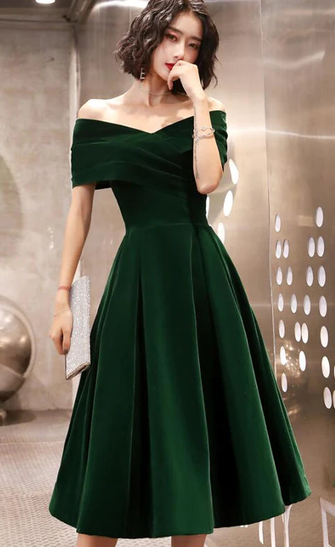 Green Velvet Off Shoulder Vintage Style Bridesmaid Dress, Tea Length Party Dress Parisian Effortless Chic Style