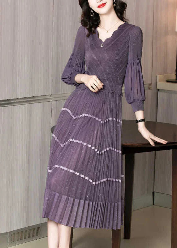 Chic Purple V Neck Patchwork Silk Pleated Dress Long Sleeve Clearance Event