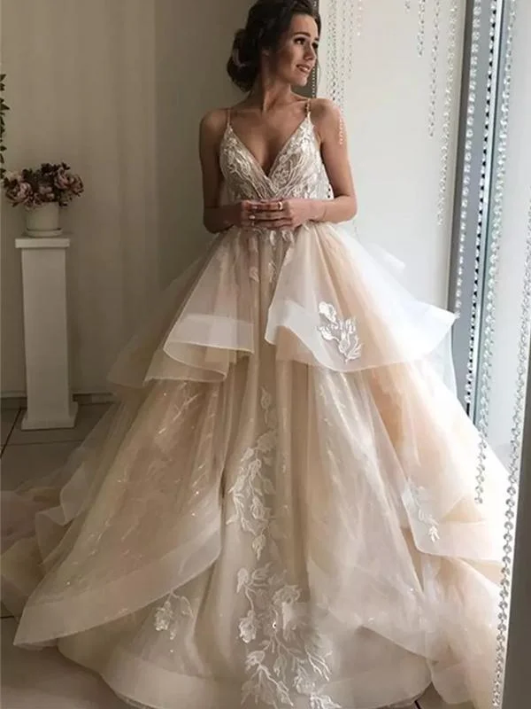 Spaghetti Long A-line Lace Tulle Wedding Dresses, Bridal Gown Wardrobe Refresh