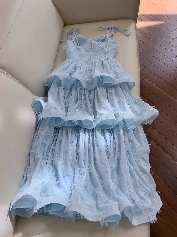 Modest Ball Gown Straps Lace Ruffles Light Sky Blue Length Prom Dress Formal Dresses CC2249 Summer Splash Sale