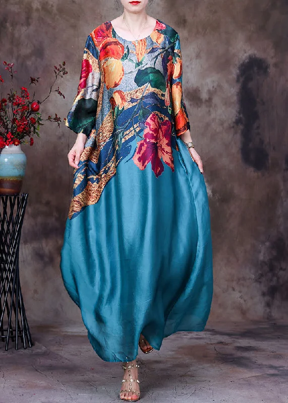 Bohemian Blue O-Neck Print Silk Party Dress Long Sleeve Special Occasion Wear