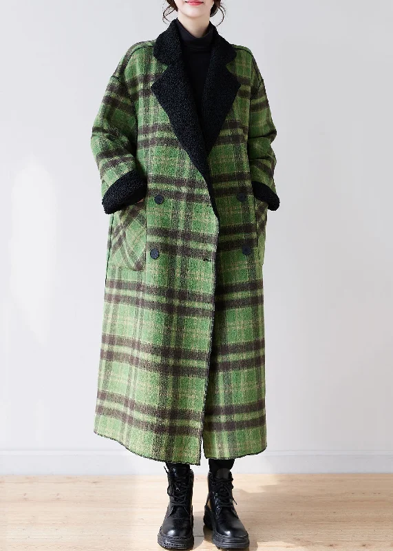 French Green Plaid Notched Wear On Both Sides Warm Fleece Faux Fur Trench Coats Long Sleeve Chic Allure