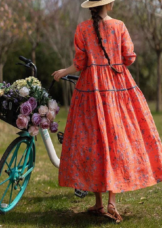 Classy Orange Print Linen O-Neck Long sleeve Summer Dress Graceful Movement