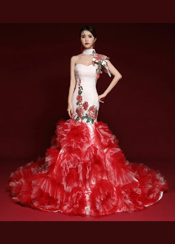 Boutique Red Embroidered Ruffled Tulle Bustier Dresses Sleeveless Tropical Island - Inspired Attire