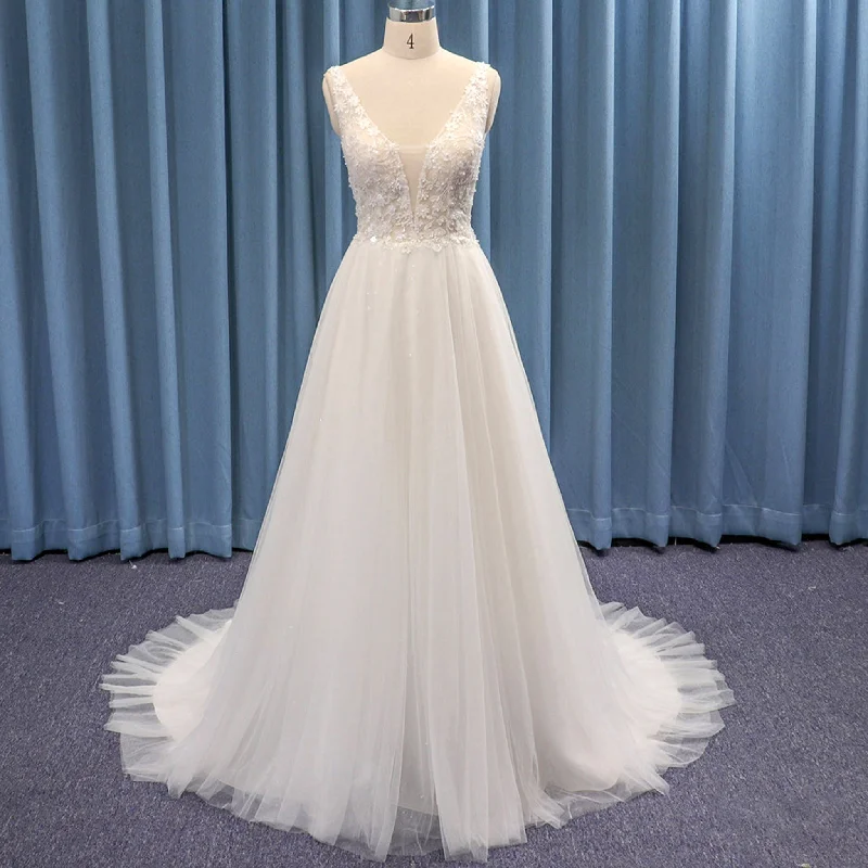 Top Tank Double Deep V Tulle A-line Bridal Wedding Dresses Holiday Sale