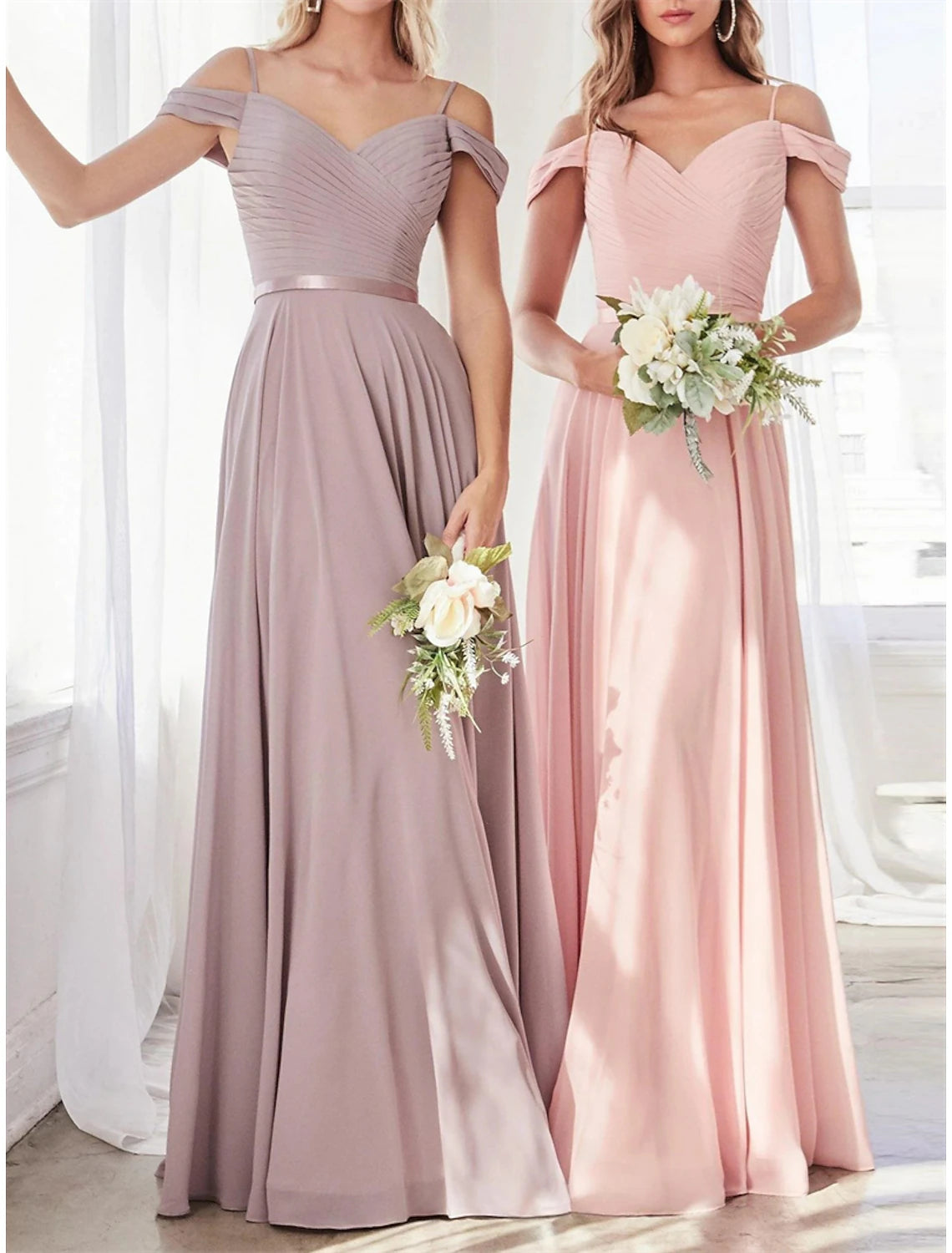 A-Line Bridesmaid Dress Off Shoulder Sleeveless Pink Floor Length Chiffon with Sash / Ribbon / Ruching Final Clearance