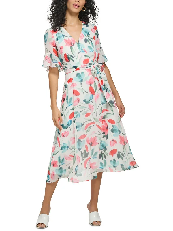 Petites Womens Floral Polyester Midi Dress Budget-Friendly Fashion