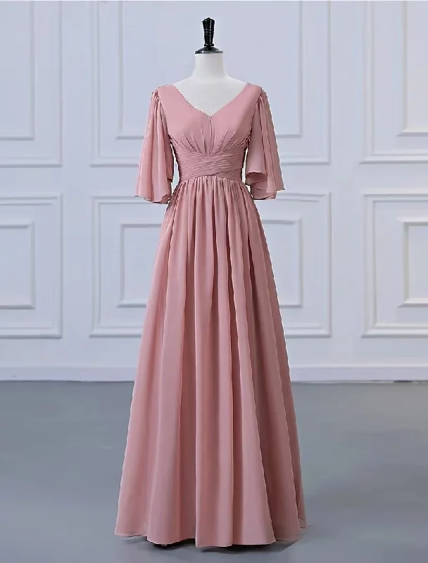 A-Line Bridesmaid Dress V Neck Half Sleeve Elegant Floor Length Chiffon with Pleats / Ruffles Big Savings On Minimalist Office Styles