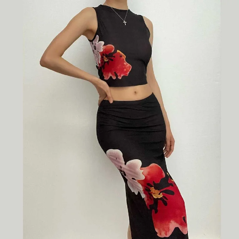 Sheer mesh see through slit flower pattern contrast sleeveless midi skirt set Summer Splash Sale