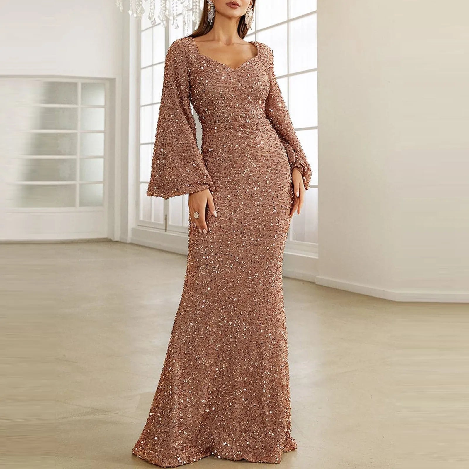 JuliaFashion - Bodycon Sequin Shinny Evening Prom Flare Sleeve Maxi Elegant Mid Waist Long Party Gown Wedding Guest Dress Grab Romantic Date - Night Styles Now