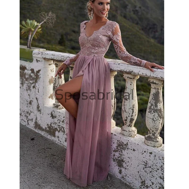 A-line Long Sleeves V-Neck Elegant Popular Long Prom Dresses PD2291 Dreamy Draping