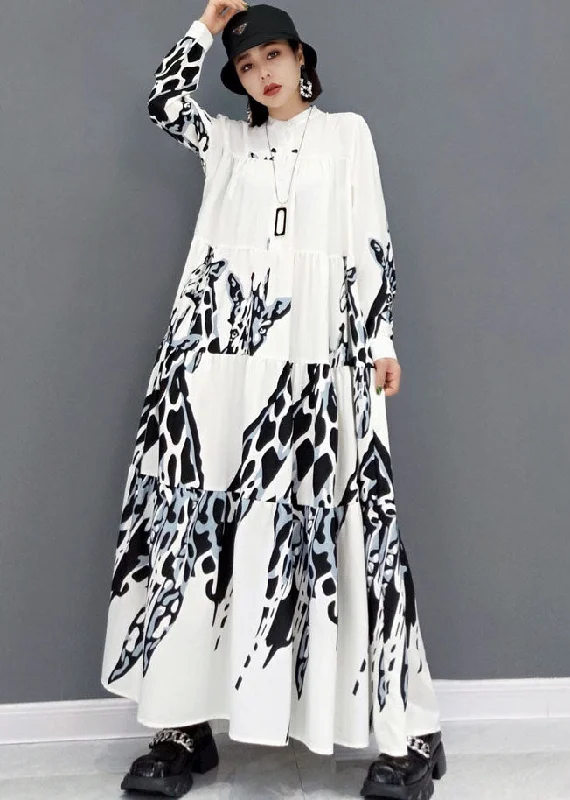 Plus Size White Stand Collar Print Pleated Long Dresses Long Sleeve Spring Wardrobe