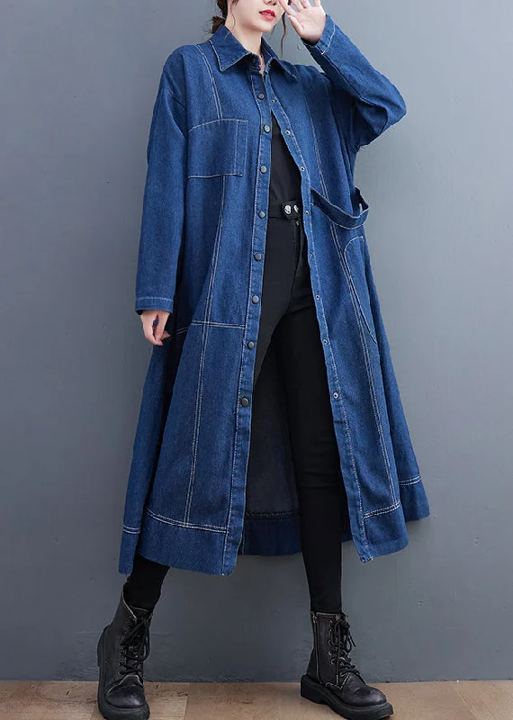 Blue Patchwork Denim Long Trench Coat Peter Pan Collar Long Sleeve Tropical Island - Inspired Attire