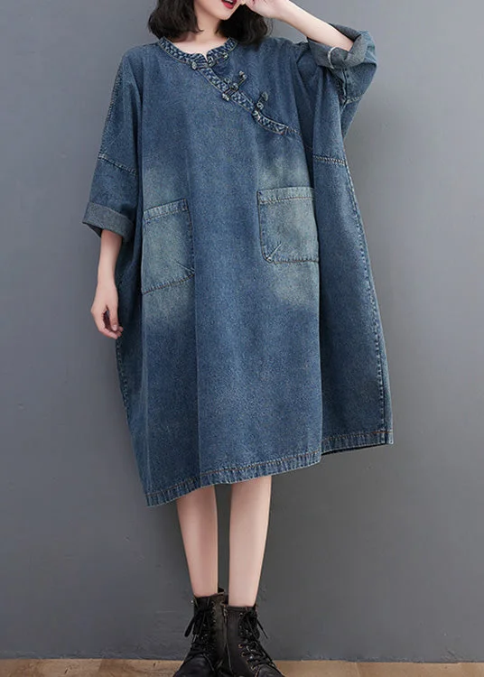 Vintage Denim Blue O-Neck Patchwork Button Long Dress Long Sleeve Grab Romantic Date - Night Styles Now