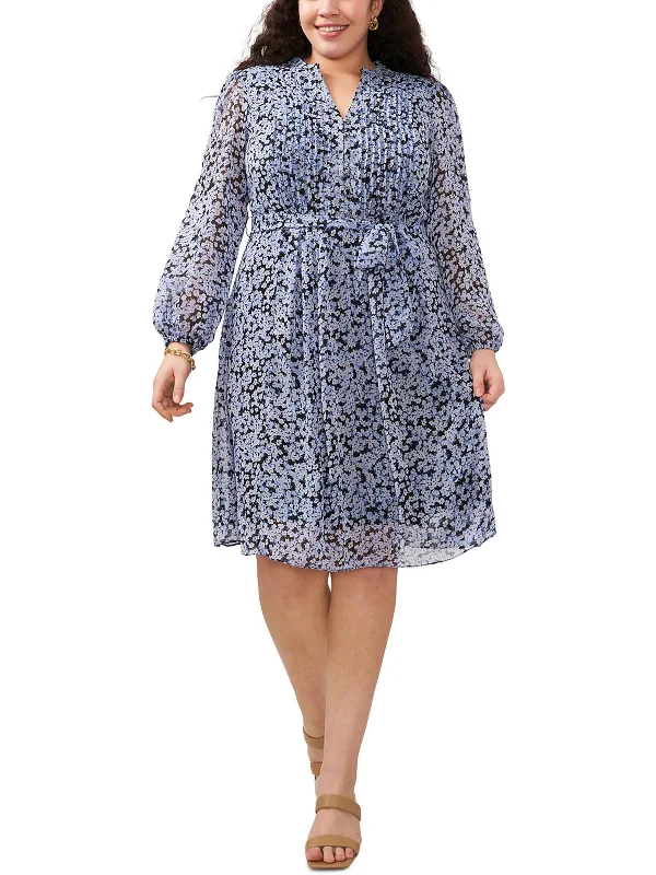 Plus Womens Floral Print Pintuck Shirtdress Fashion Deal