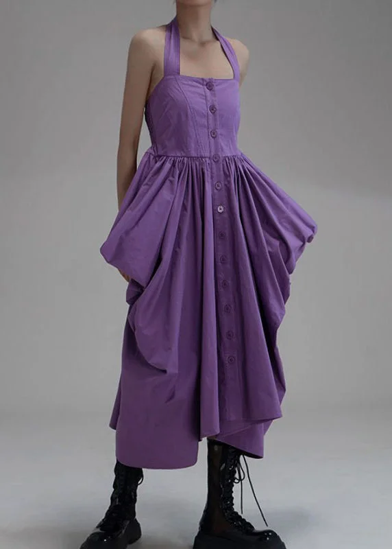 New Purple Asymmetrical Wrinkled Button Cotton Long Dress Sleeveless Discounts On Casual Weekend Styles