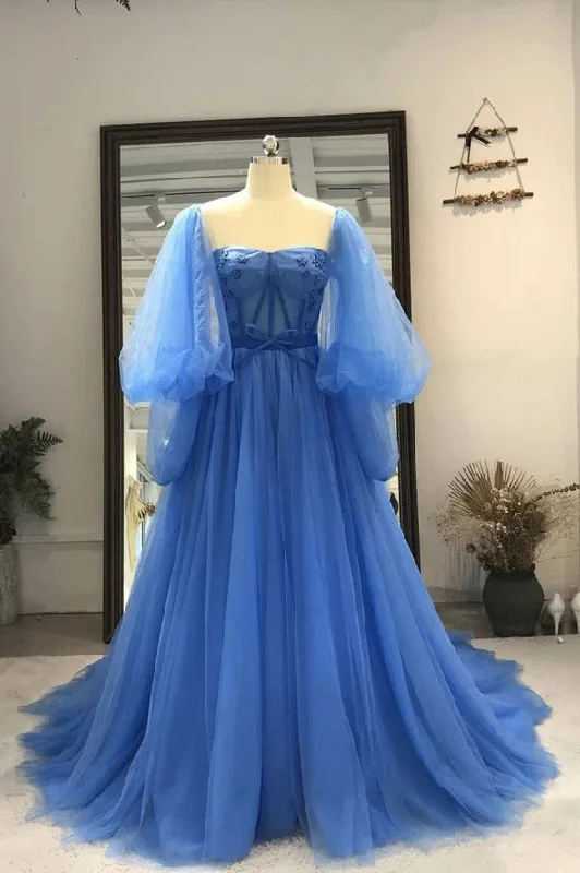 A Line Long Sleeves Blue Tulle Princess Long Prom Dresses Y0417 Save On Classic Elegant Styles