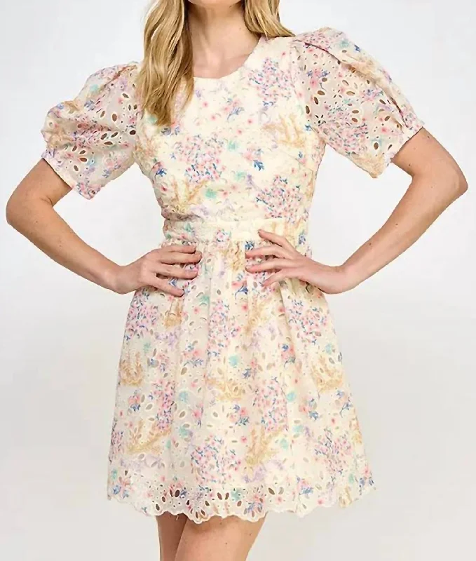 Floral Print Eyelet Short Dress In Multi Special Offer