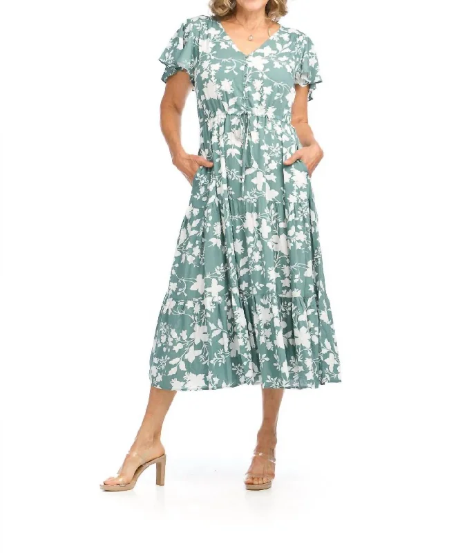 Olivia Floral Flutter Sleeve Midi Dress In Green Multi Buy More, Save More