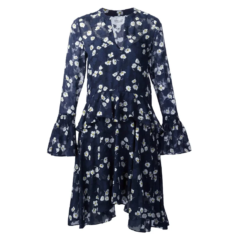 Women's Floral Knee Length Flared Dress In Navy End - Of - Month Blowout