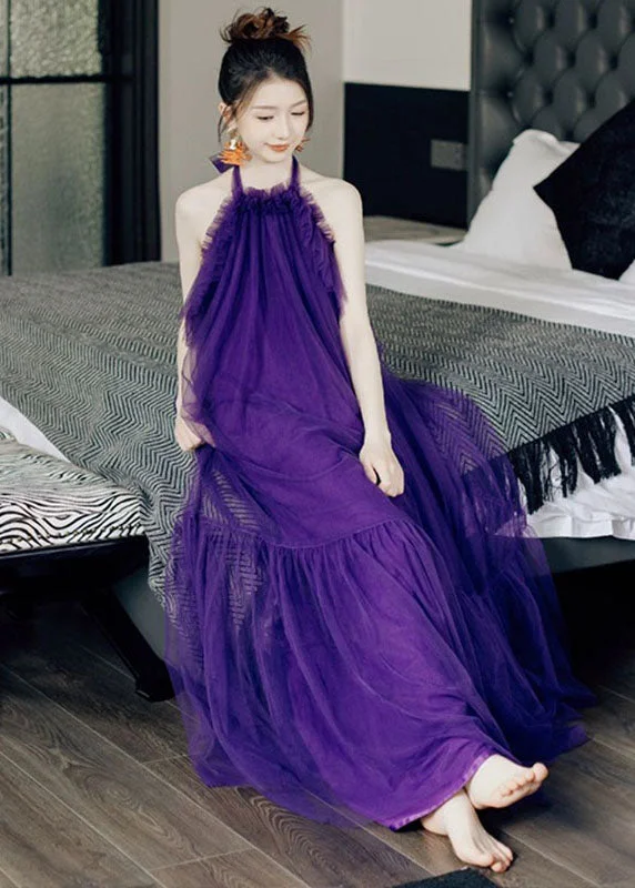 Chic Purple Ruffled Patchwork Halter Tulle Long Dresses Sleeveless Coastal Beach - Inspired Style