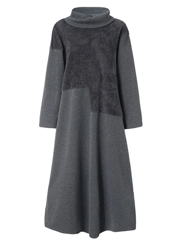 High Neck Grey Plush Panel Long Sleeved Dress Spring Flash Sale