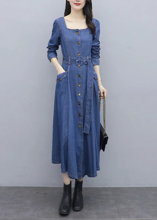 Fitted Blue Square Collar button Sashes pocket Cotton denim Dress Long Sleeve Boho - Chic Festival - Ready Style